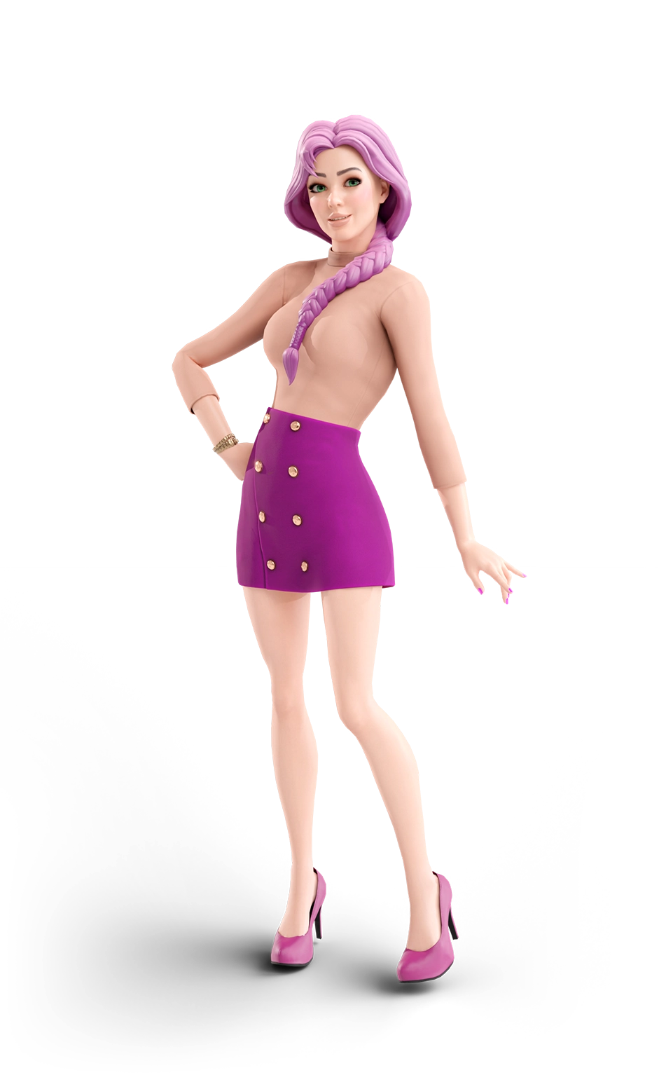 Female avatar wearing skivvy with hot pink buttoned skirt, shoes and hair.